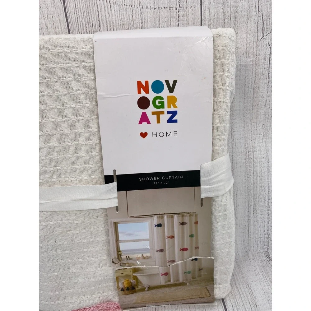 Novogratz Shower Curtain Cream Tufted Fish Waffle Weave 100% Cotton Coastal